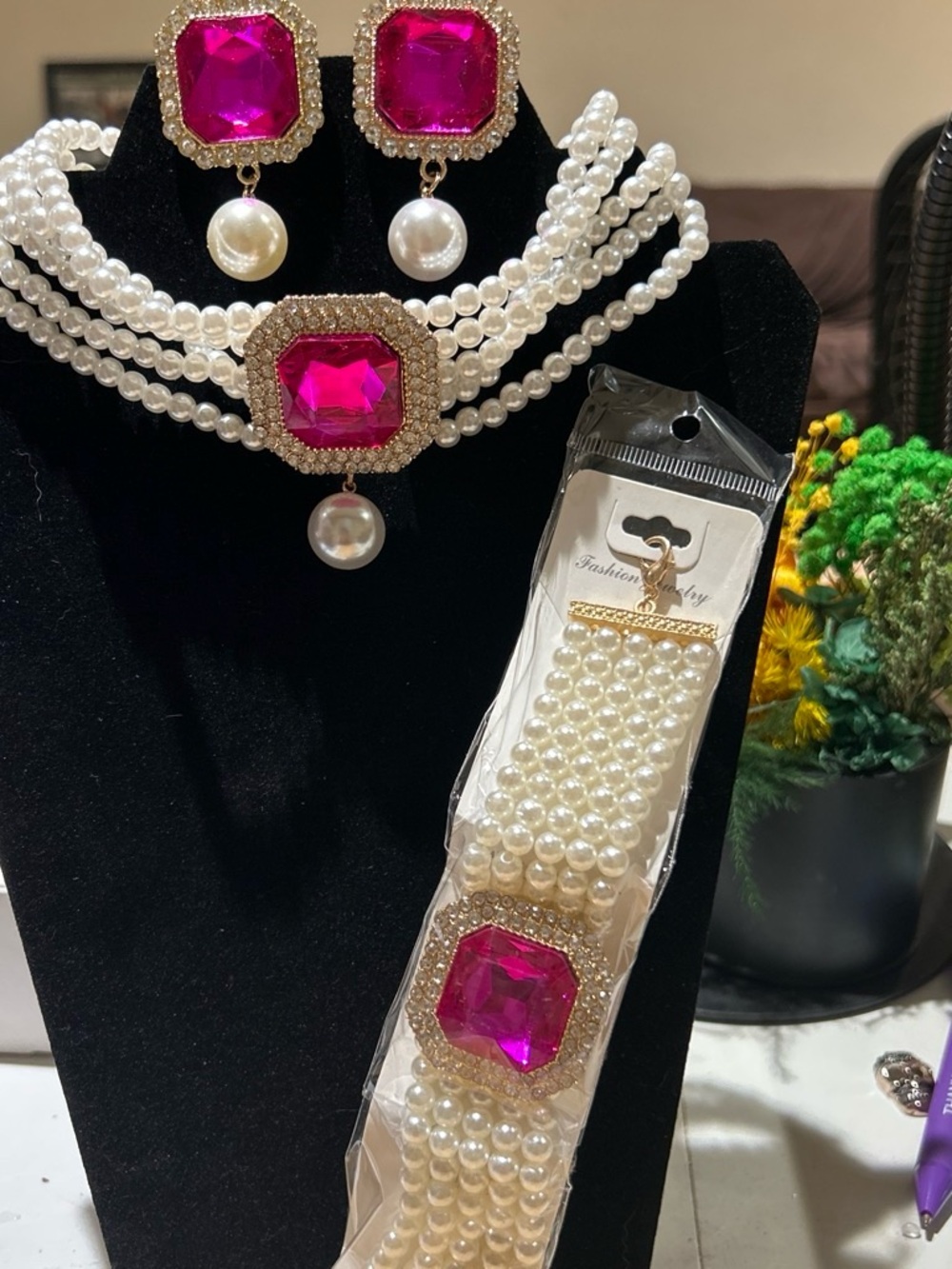 Elegant faux Pearl Multi-Strand Necklace & Earrings Set with Fuchsia Gem